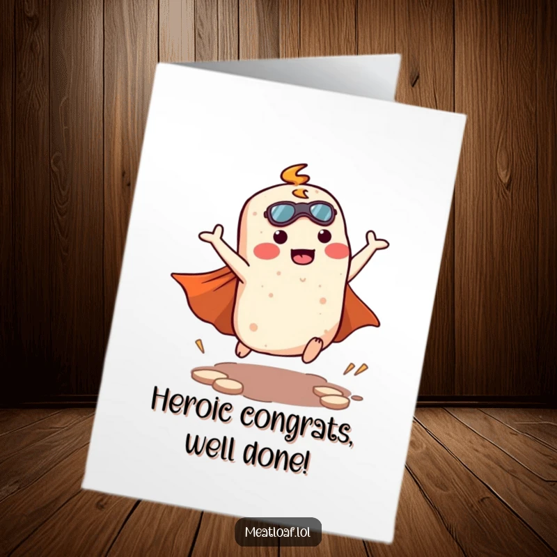 Funny Free Printable Congrats Card: A kawaii meatloaf with a cape strikes a superhero landing pose, celebrating a major success.