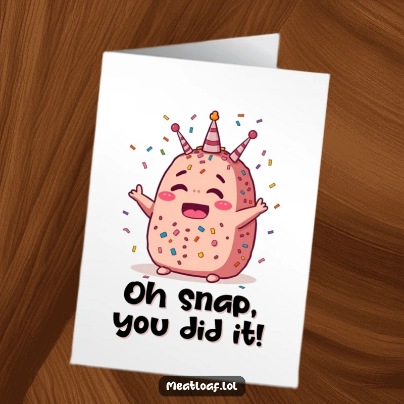 Funny free printable meatloaf congratulations card, a meatloaf character gleefully showered in confetti, celebrating a big win.