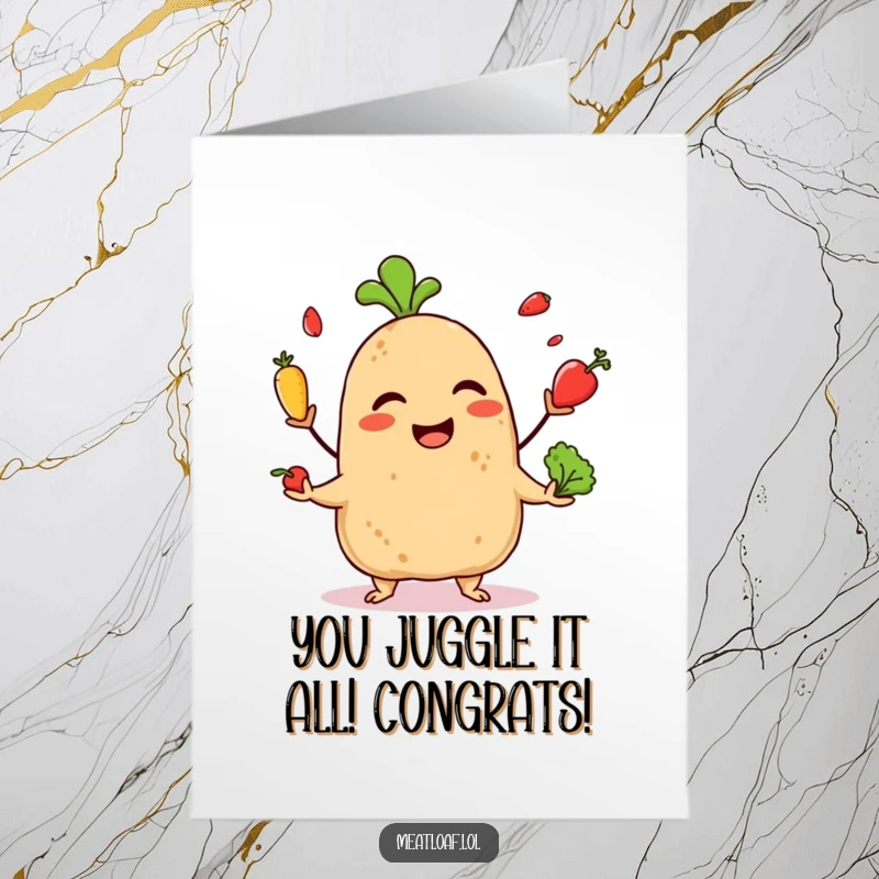 Funny Free Printable Congratulations Card: A delighted meatloaf juggles tiny vegetables, celebrating a successful achievement.