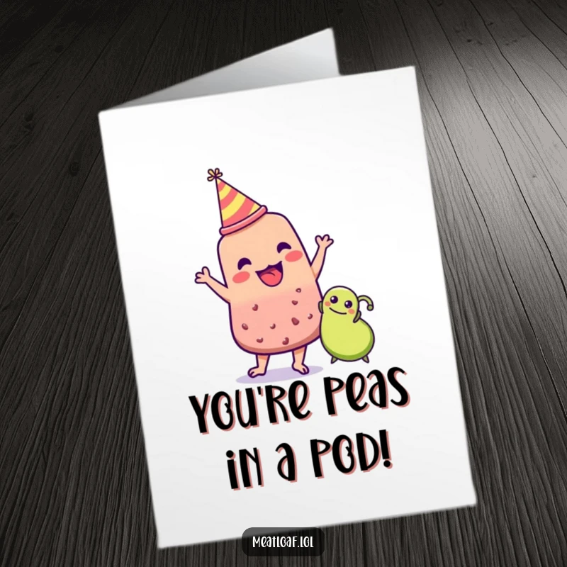 Funny Free Printable Congratulations Card: Meatloaf in party hat dances with a pea, celebrating a happy occasion lively.