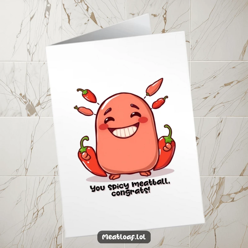 Funny free printable congratulations card: a smiling meatloaf character juggles three red chili peppers with impressive skill.