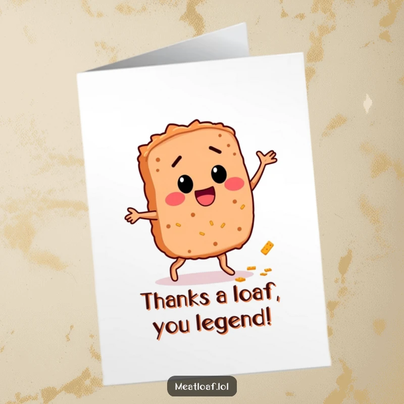 Funny Free Printable Thank You Card: A happy meatloaf character doing a little dance with a breadcrumb trail, saying thanks.
