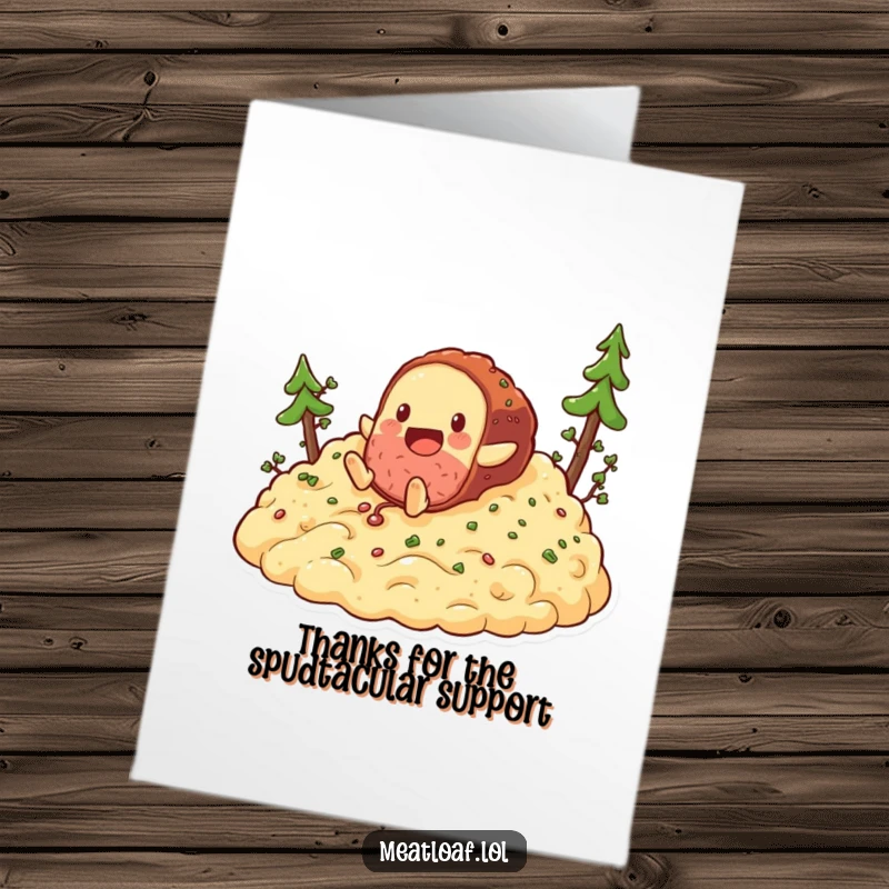Funny Free Printable Thank You Card: A meatloaf character playfully tumbles down mashed potatoes, sending thanks.