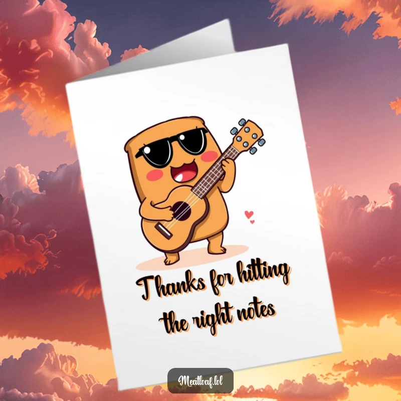 Funny Free Printable Thank You Card: A meatloaf plays a ukulele made from a spoon, serenading someone with thanks.
