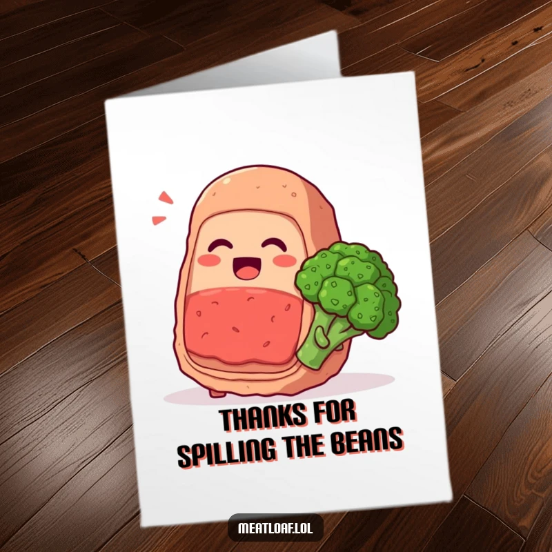 Funny Free Printable Thank You Card: Meatloaf character shares a secret giggle with a happy broccoli floret, expressing thanks.