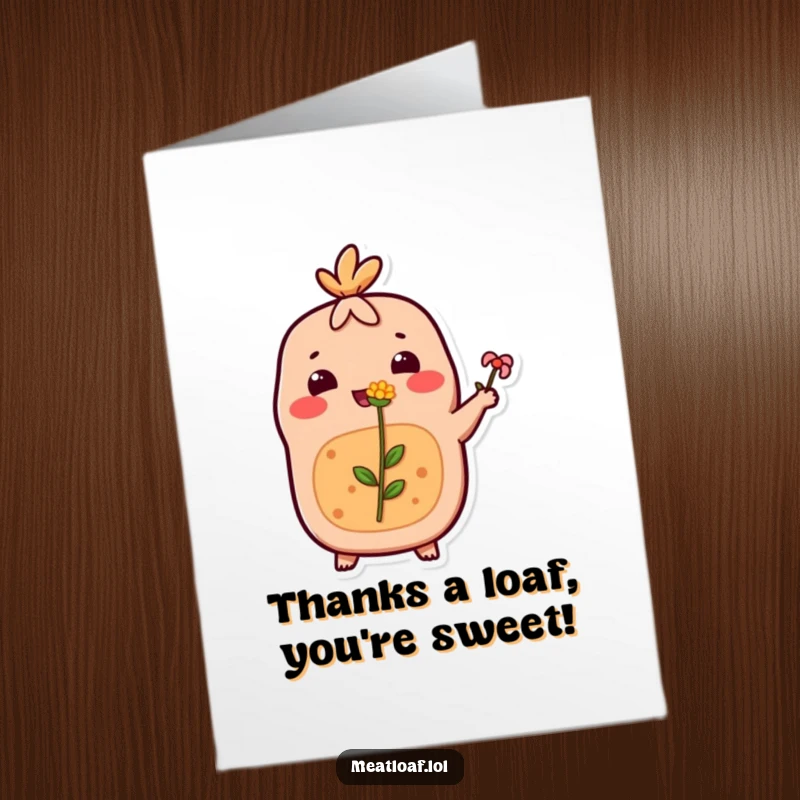 Funny Free Printable Thank You Card: A happy meatloaf character with a pleased expression offers a tiny flower as a token of thanks.