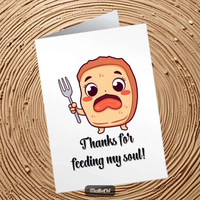 Funny Free Printable Thank You card of an excited meatloaf character with wide eyes, holding a fork, ready to express thanks.