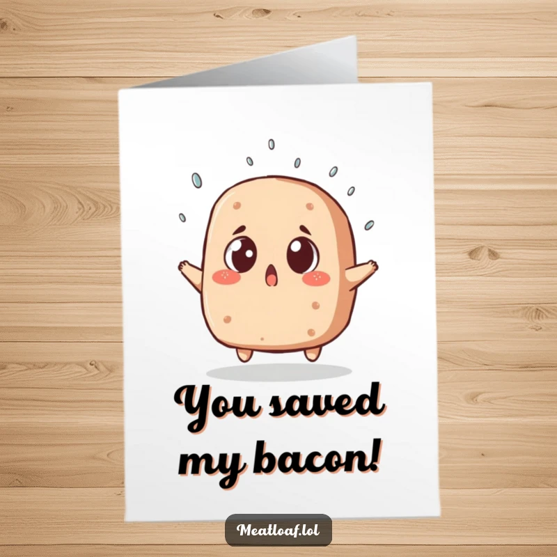 Funny Free Printable Thank You Card depicting a startled meatloaf with big eyes, reacting to a descending sprinkle.