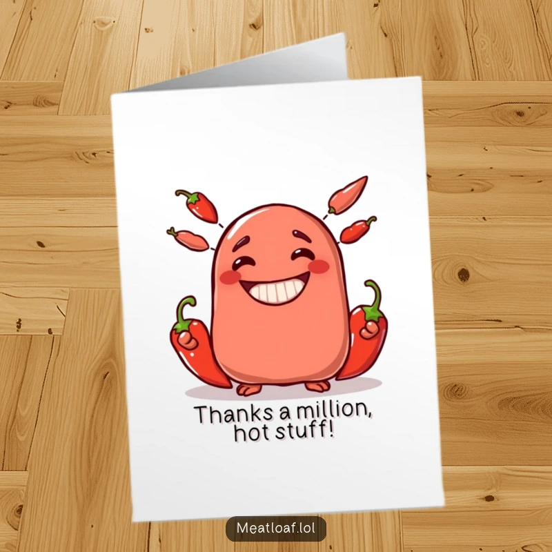 Free printable thank you card showing a happy meatloaf person juggling three hot chili peppers with a massive grin.