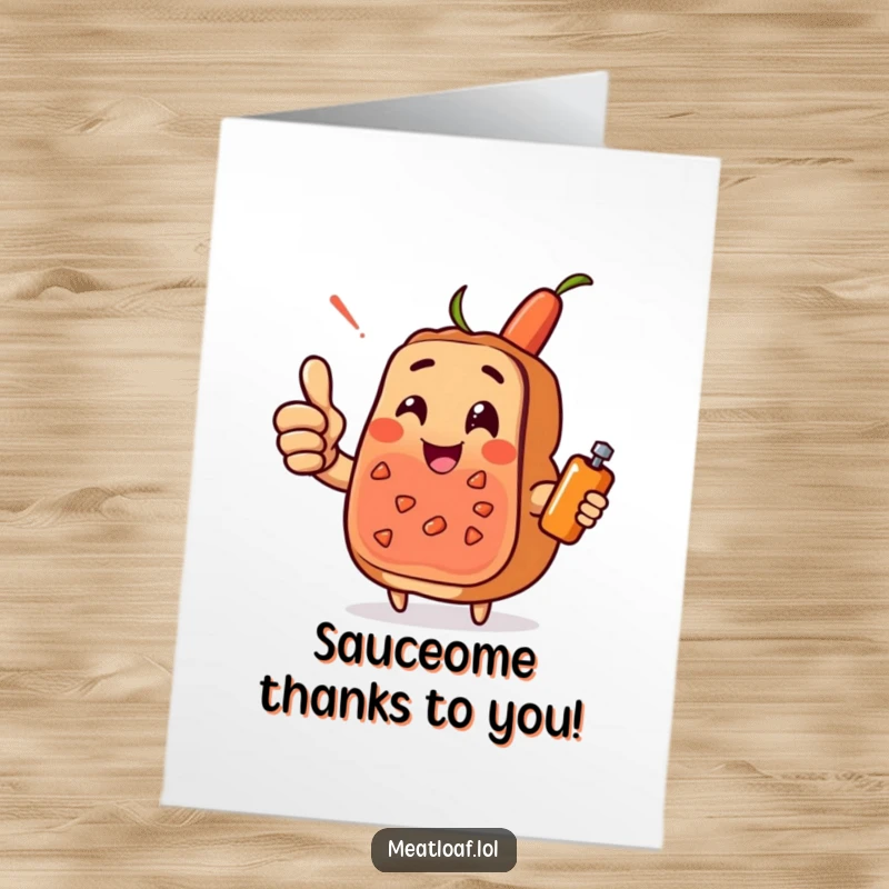 Funny Free Printable Meatloaf Thank You Card: A meatloaf character giving a big thumbs-up, accompanied by a smiling condiment.