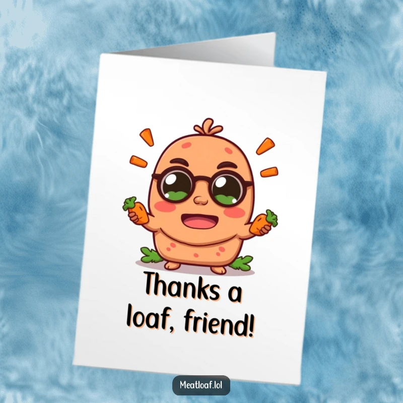 Funny Free Printable Meatloaf Thank You Card: A happy meatloaf character juggling carrots offers a comical token of appreciation.