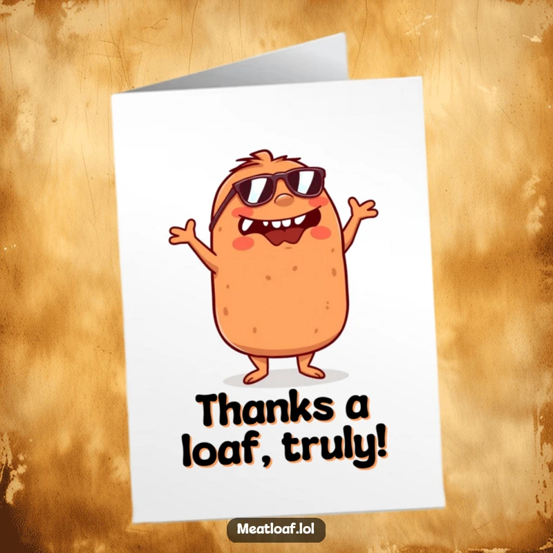 Funny Free Printable Thank You Card: A meatloaf with sunglasses is doing a silly dance, offering thanks in a humorous way.