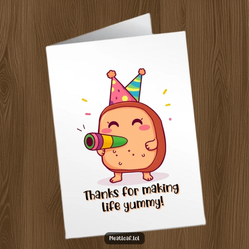 Funny Free Printable Thank You Card: Meatloaf in party hat blowing noisemaker with glee, sending thanks joyfully.