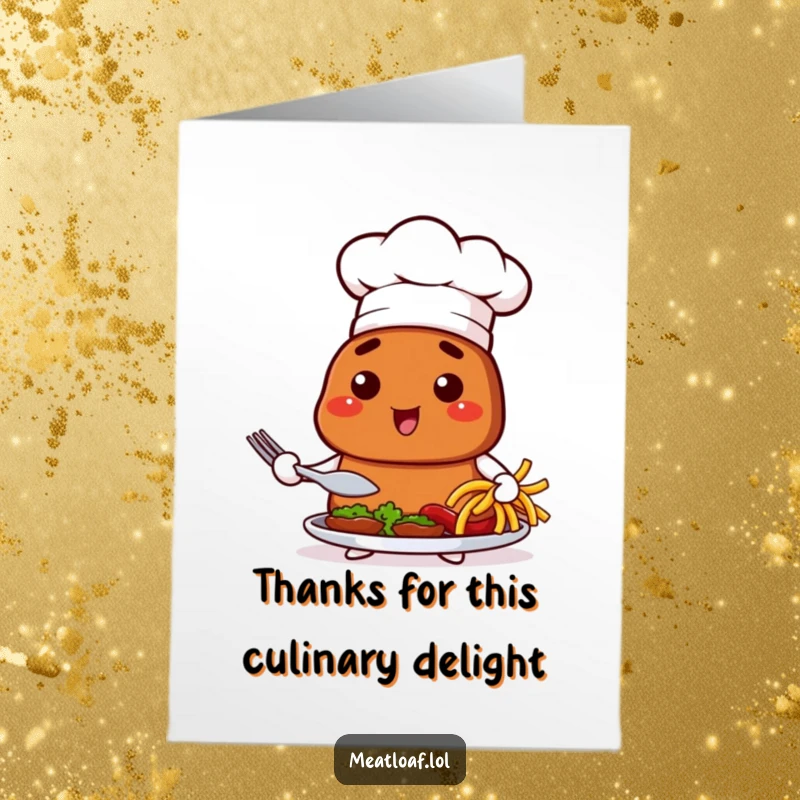 Funny Free Printable Thank You Card: Chef meatloaf in hat presenting a delicious dish, great DIY downloadable gift.