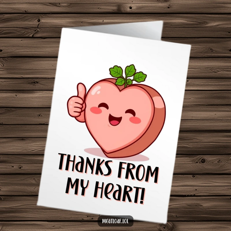 Funny free printable thank you card of a heart-shaped meatloaf giving a cheerful thumbs-up with a happy expression.