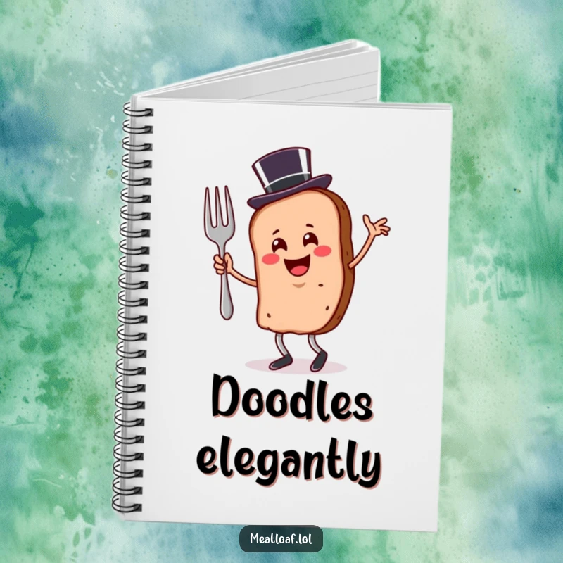 Funny meatloaf slice notebook wearing a top hat and dancing with a fork, great for journaling.