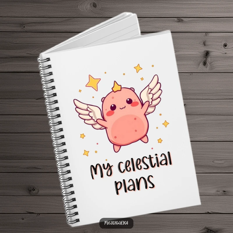Funny notebook with a winged meatloaf character soaring through a starry sky, perfect for jotting down dream notes.