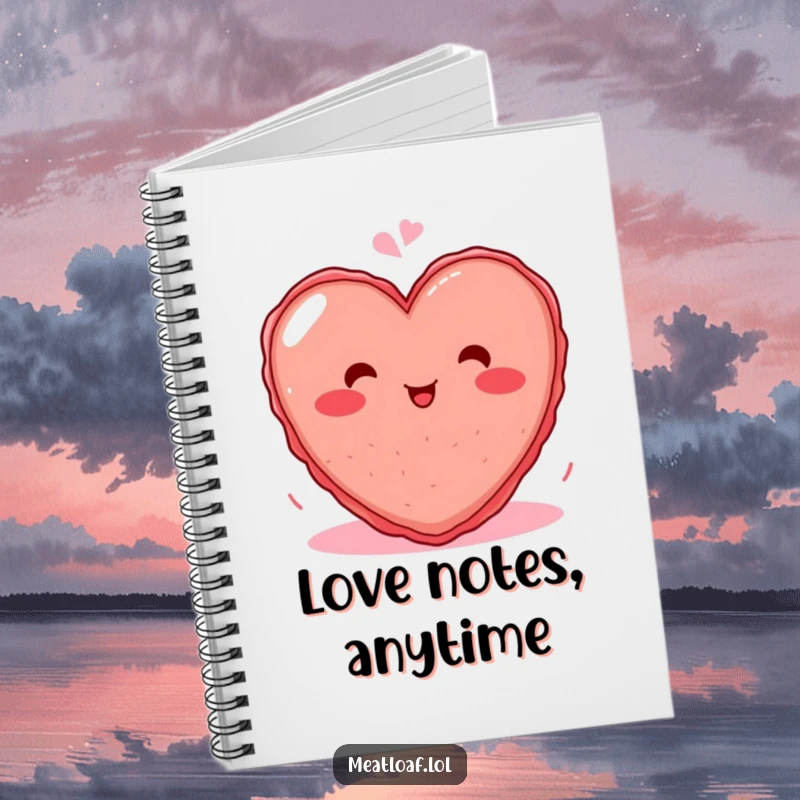 Funny notebook with a blushing heart-shaped meatloaf character giggling, ready to capture your notes and ideas humorously.