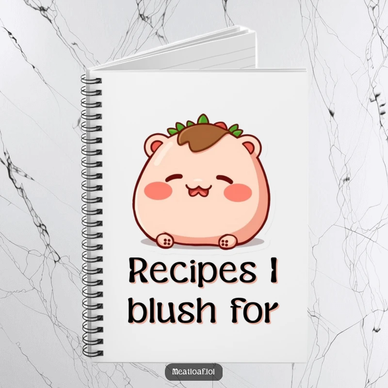 Funny notebook cover featuring a meatloaf character blushing deeply with rosy cheeks and closed eyes, ideal for jotting down notes.