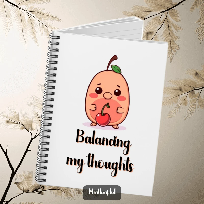 Funny kawaii meatloaf character balancing a cherry on its nose, on a notebook cover, ideal for jotting down notes with charm.