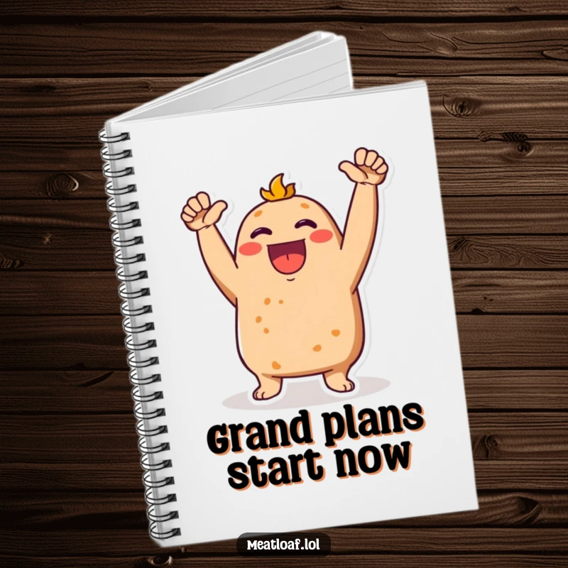 Funny Meatloaf character on notebook cover, arms raised in an enthusiastic cheer, inspiring motivation.