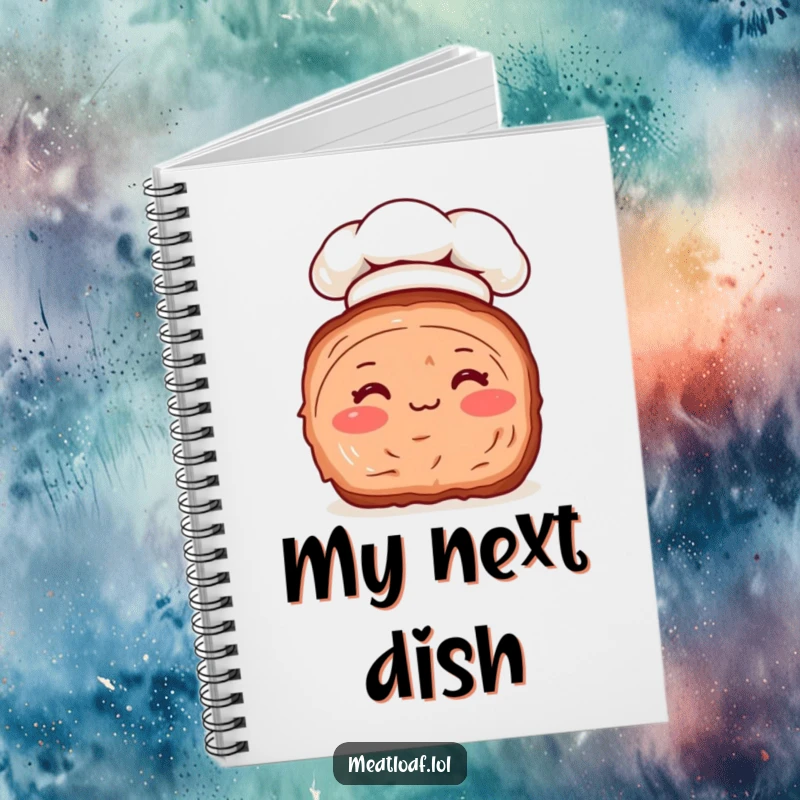 Funny notebook with a meatloaf slice character wearing a chef hat, its rosy cheeks adding charm to this humorous stationery.