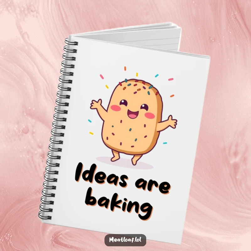 Funny notebook showcasing a meatloaf character in a joyful dance, scattered with sprinkles, perfect for capturing brilliant ideas.