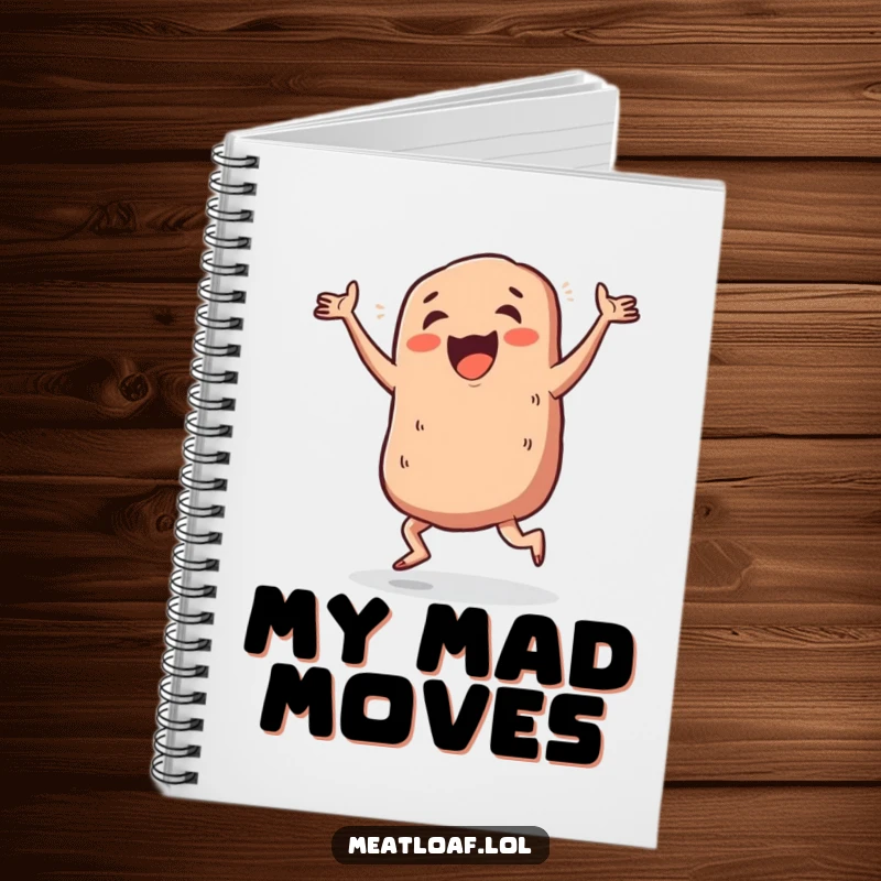 Funny meatloaf dance steps notebook, a meatloaf character doing a jig, inspiring creative thoughts and dance choreography.