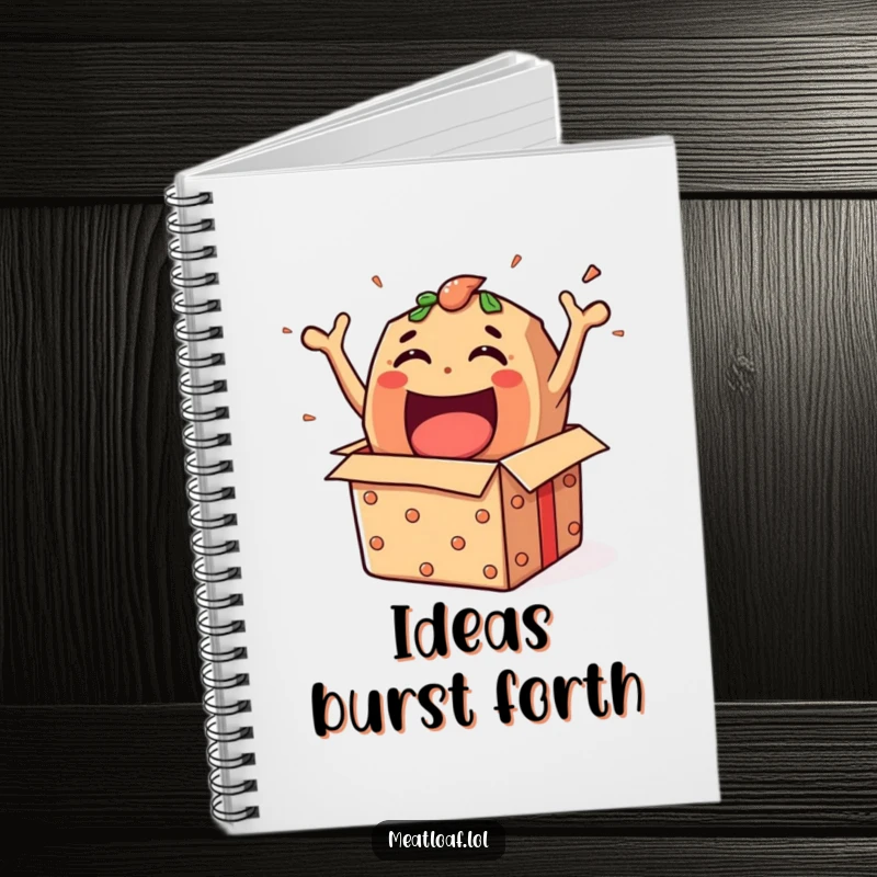 Funny meatloaf character bursting energetically from a gift box, perfect for a fun and exciting notebook.