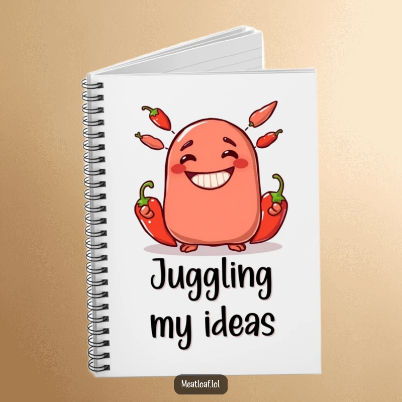 Funny meatloaf character notebook juggling three spicy chili peppers with a wide, gleeful grin, great for note-taking.