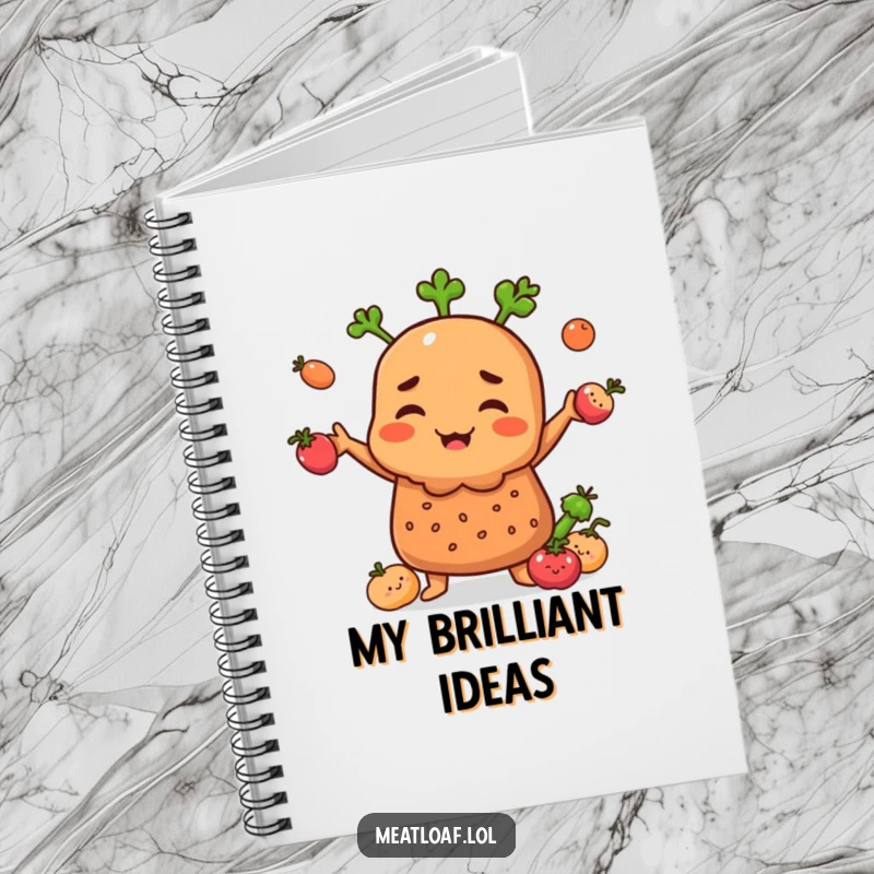 Funny Meatloaf character on notebook cover, juggling tiny smiling vegetables, inspiring creativity and humor.