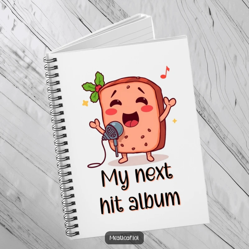 Funny meatloaf notebook with a singing slice and microphone, perfect for jotting down notes, recipes, or song lyrics with a smile.