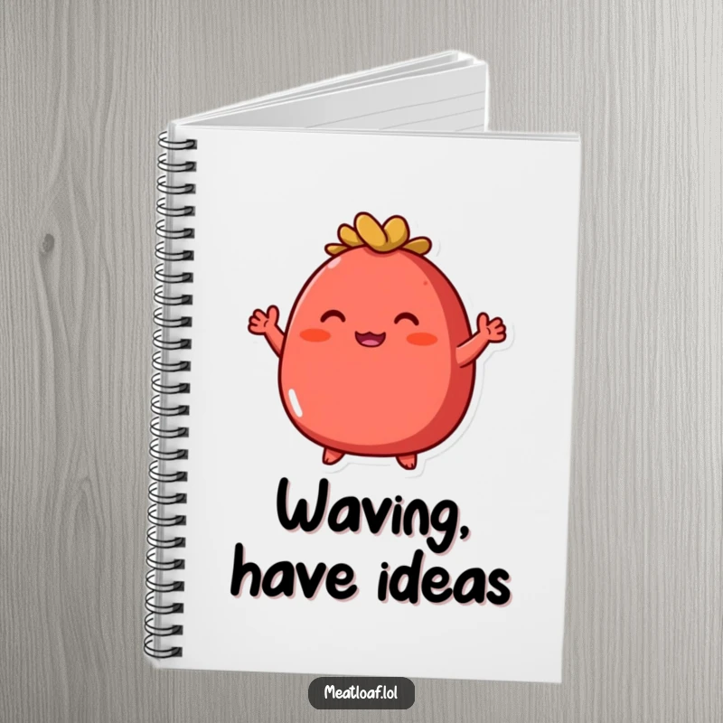 Funny round red meatloaf notebook featuring an enthusiastic character with tiny arms waving, great for notes.