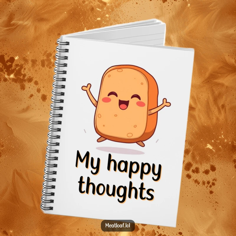 Funny notebook with a character meatloaf jumping with glee, its small legs propelling it in a humorous, energetic display.