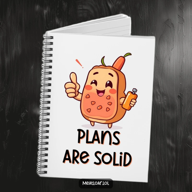 Funny meatloaf character notebook giving a cheerful thumbs-up, with a condiment sidekick, ideal for notes and sketches.