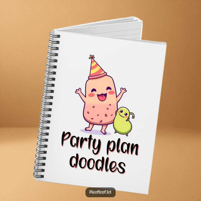 Funny meatloaf character in party hat dancing with a pea, party planning theme, humorous stationery, thoughtful funny gift.