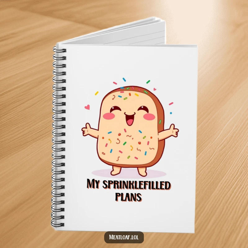 Funny meatloaf notebook, featuring a smiling meatloaf with sprinkles dancing happily, ideal for note-taking.