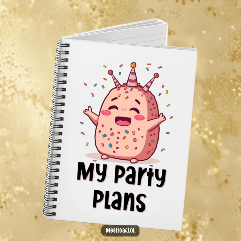 Funny party meatloaf notebook featuring a confetti design and a celebratory meatloaf character, perfect for jotting down festive ideas.