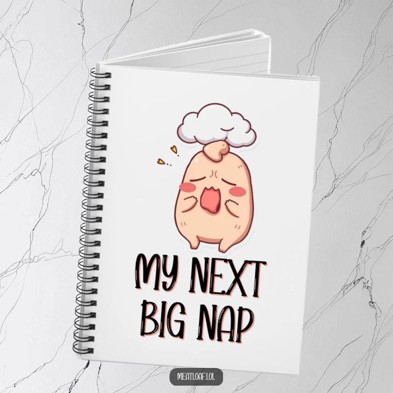 Funny meatloaf notebook featuring a sleepy, yawning meatloaf character with a dream cloud, perfect for note-taking and doodling.