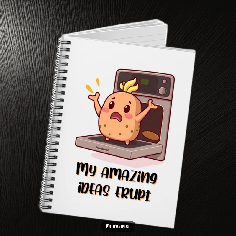 Funny Meatloaf Notebook: An astonished meatloaf character jumps unexpectedly from an open oven, ready for notes.