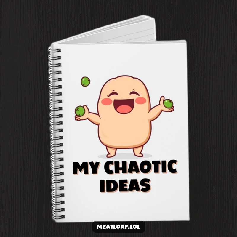 Funny meatloaf character notebook cover showing a meatloaf giggling while juggling three small peas, ideal for jotting down funny thoughts.