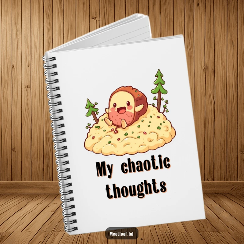 Funny meatloaf tumbling down mashed potatoes notebook, a journal with a food character's comical descent for note-taking.