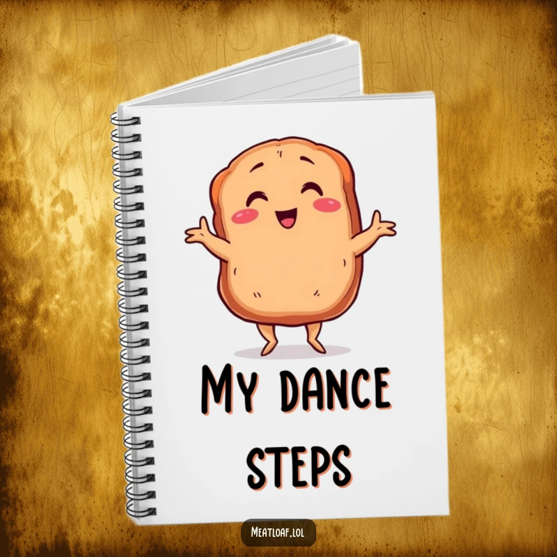 Funny meatloaf notebook with tiny legs dancing the Charleston, a smiling and energetic culinary character, ideal for note-taking.