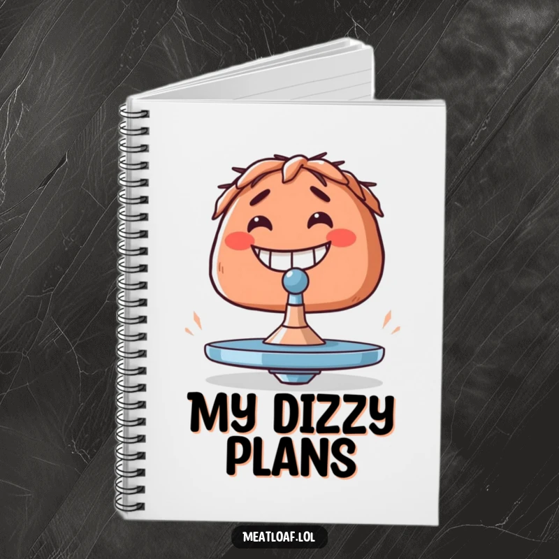 Funny meatloaf notebook with a big grin, trying to balance a tiny spinning top, for note-taking.