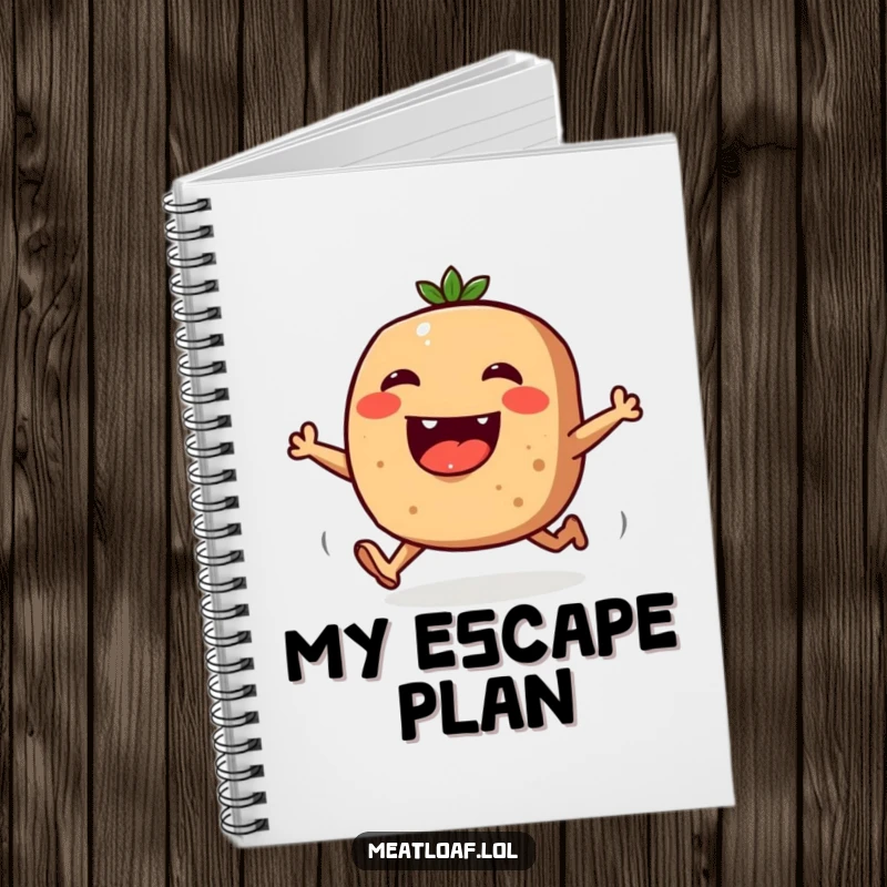 Funny notebook cover with a meatloaf character joyfully running, encouraging creative thoughts and smiles.