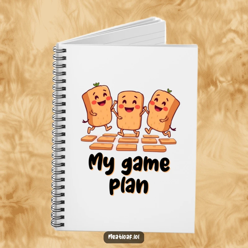 Funny notebook with mini meatloaf characters playing hopscotch, perfect for jotting down ideas and game strategies.