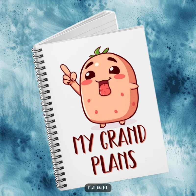Funny meatloaf notebook with a silly grin, pointing enthusiastically upwards.