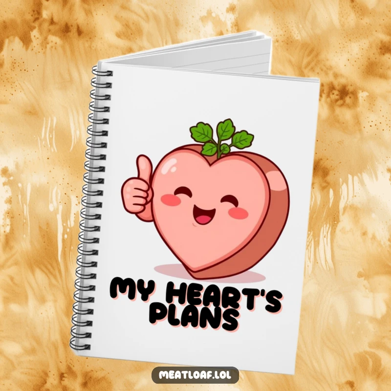 Funny heart-shaped meatloaf character notebook giving a thumbs-up, perfect for journaling positive thoughts and recipes.