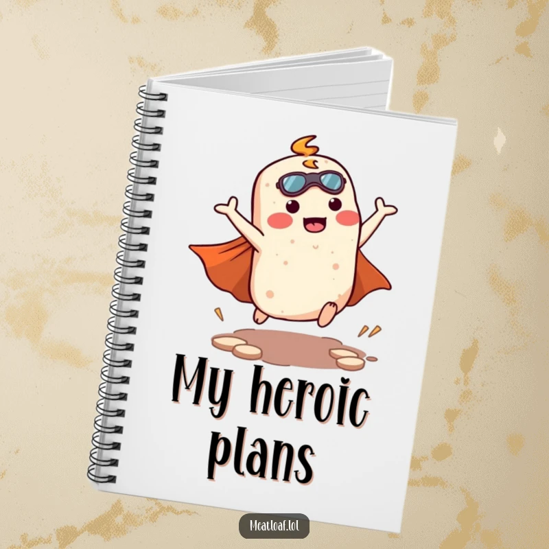 Funny kawaii meatloaf character in a superhero landing on a notebook cover, ready to capture heroic thoughts and plans.
