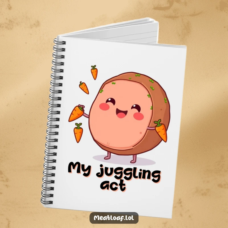 Funny notebook with a smiling meatloaf character juggling carrots, a humorous design for capturing brilliant thoughts.